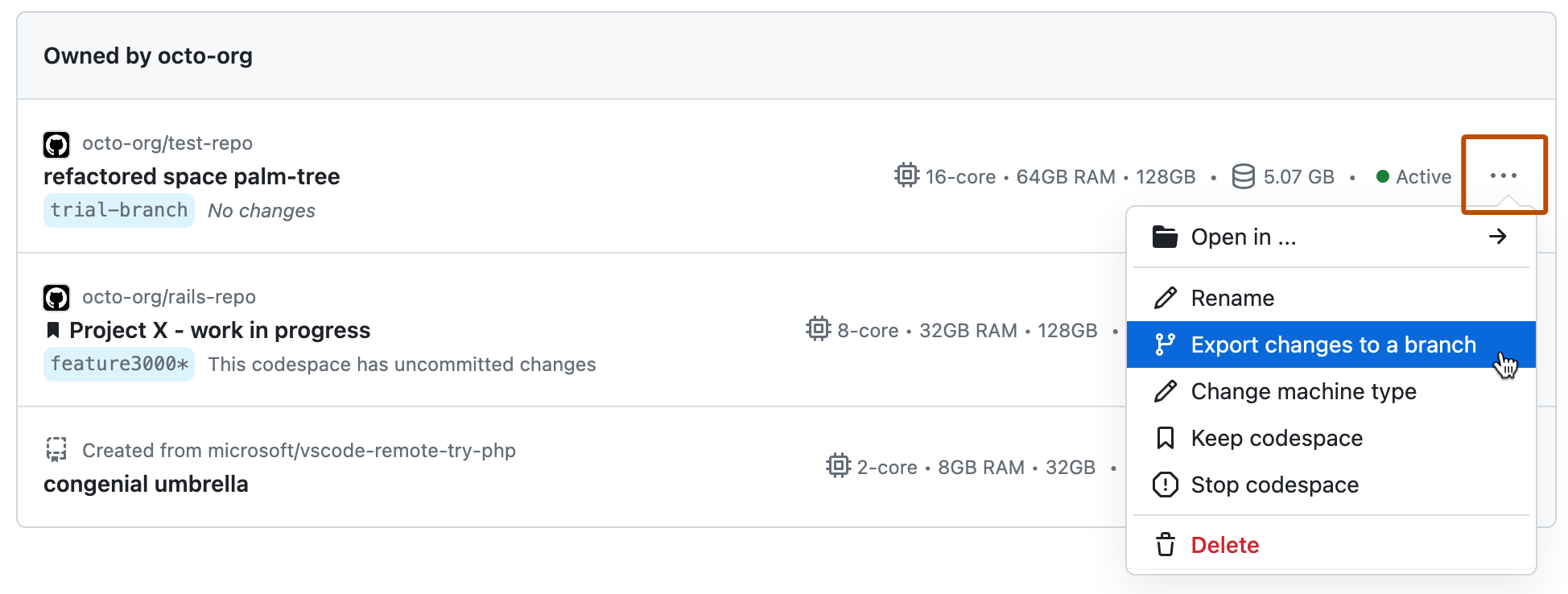 codespace 列表的屏幕截图,显示其中一个 codespace 的下拉菜单,其中显示“将更改导出到分支”选项。