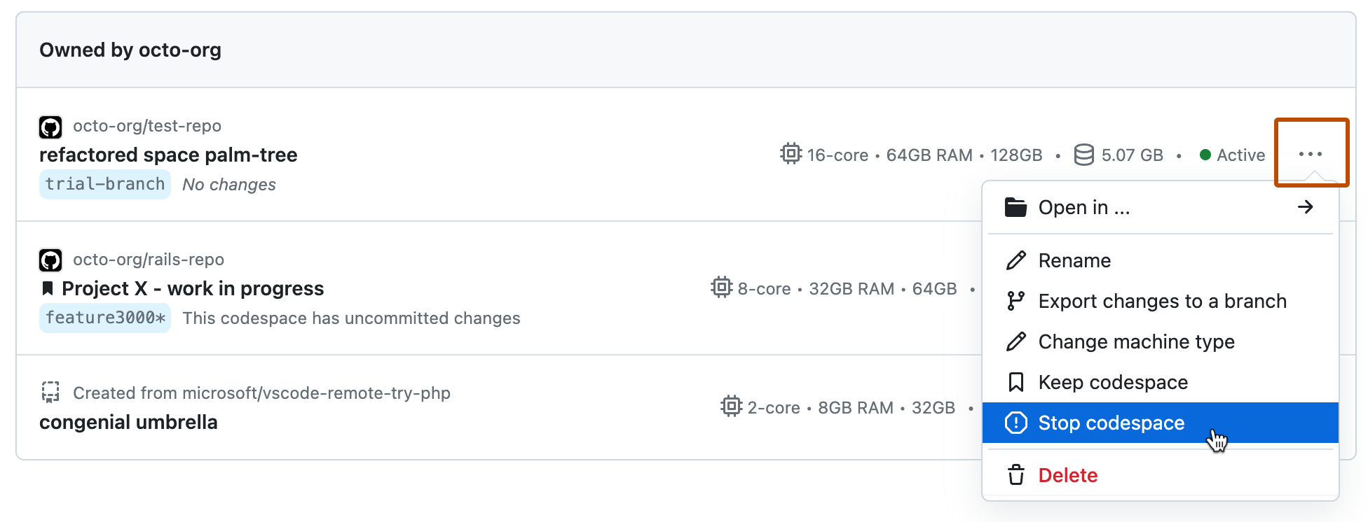 codespace 列表的屏幕截图,显示其中一个 codespace 的下拉菜单,其中显示“停止 codespace”选项。