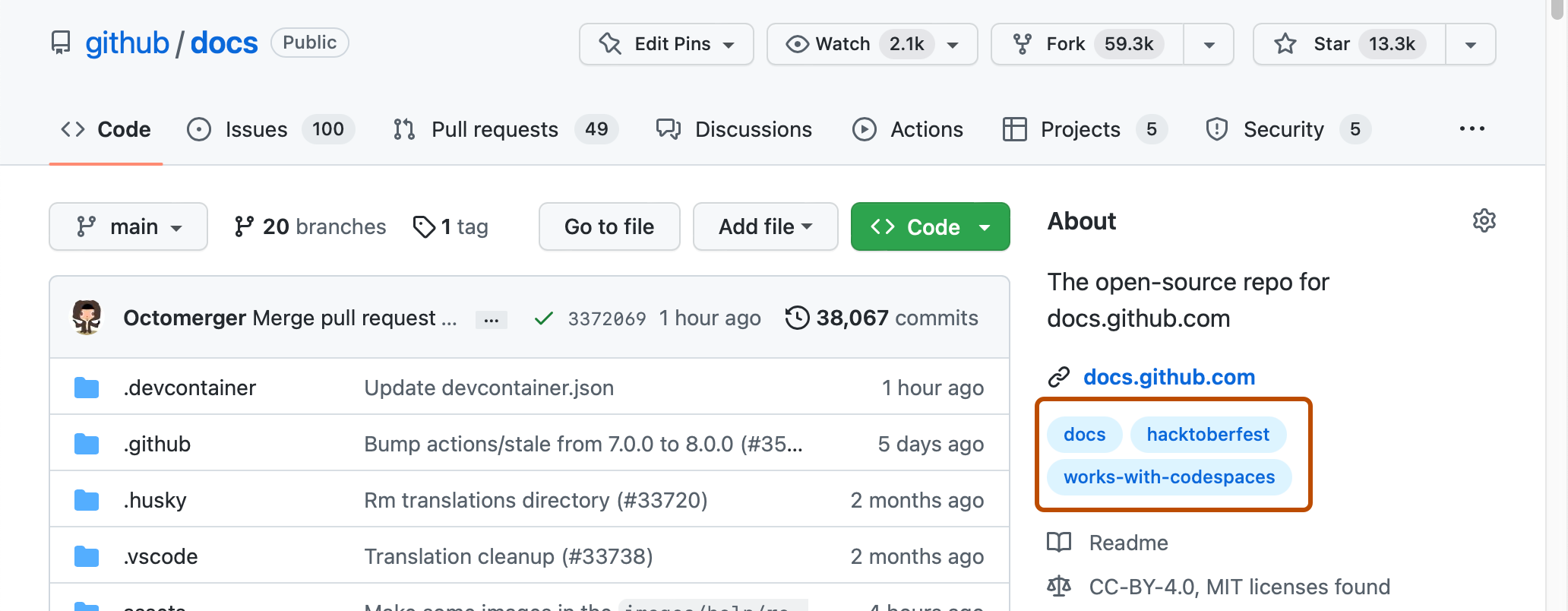 GitHub/docs 存储库的屏幕截图。 在右边栏中,三个主题以深橙色轮廓显示:“docs”、“hacktoberfest”和“works-with-codespaces”。