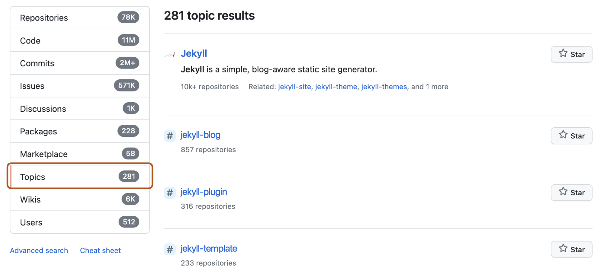 搜索词“jekyll”的存储库搜索结果页的屏幕截图,其中左侧菜单中的“主题”选项以深橙色框出。