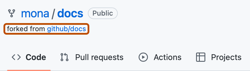 GitHub 上存储库页面的屏幕截图。 在存储库名称“mona/docs”下面,文本“从 github/docs 创建分支”以橙色标出。