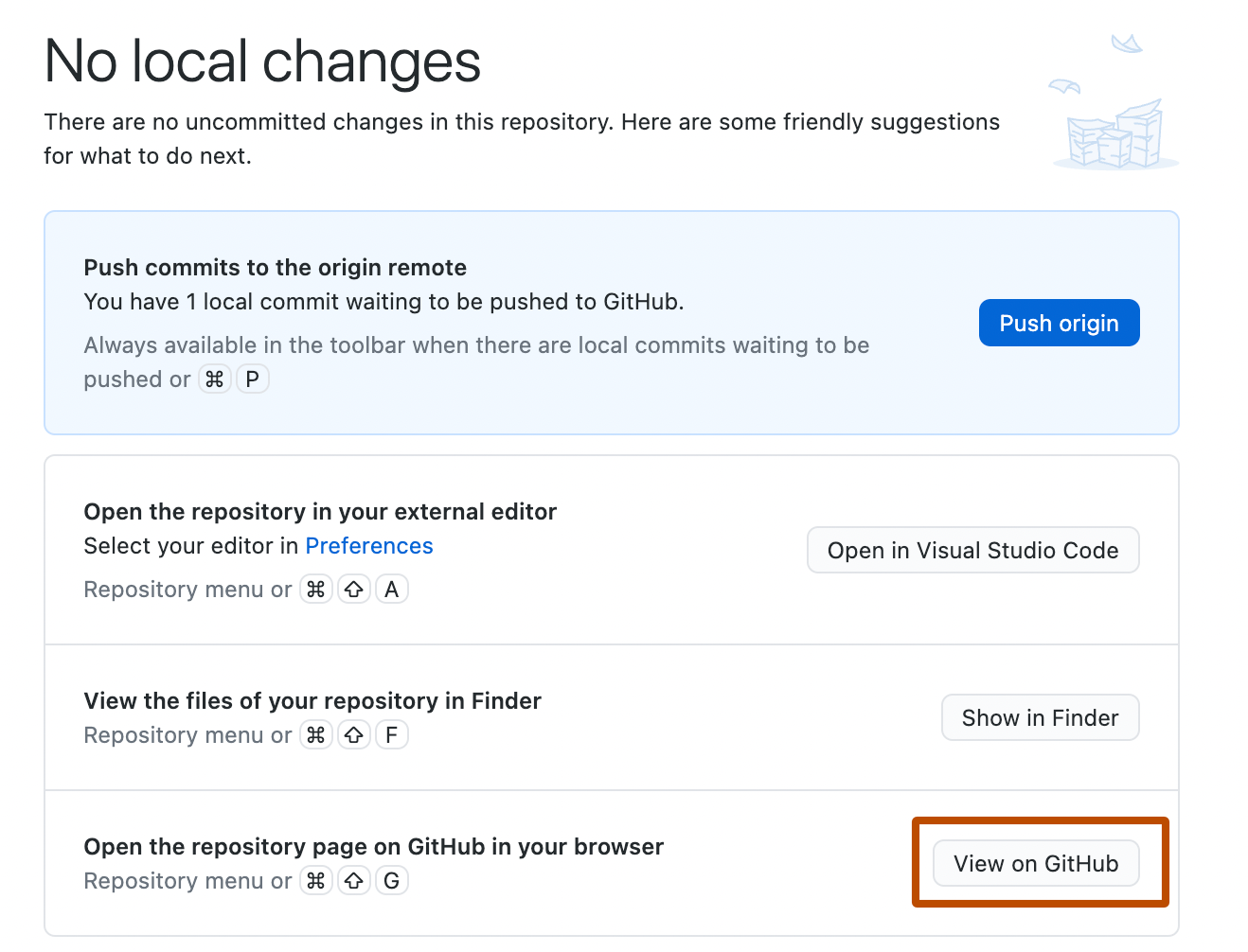“无本地更改”屏幕的屏幕截图。 在建议列表中,标有“在 GitHub 上查看”的按钮用橙色边框突出显示。