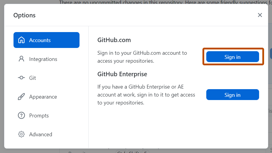 “选项”窗口中“帐户”窗格的屏幕截图。 在“GitHub.com”旁边,标有“登录”的按钮显示橙色轮廓。
