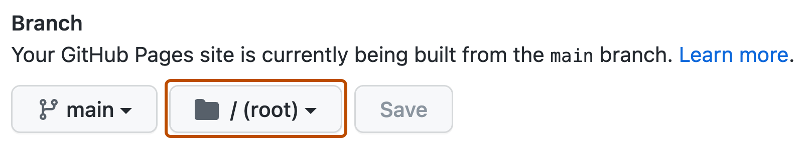 GitHub 存储库中 Pages 设置的屏幕截图。 用于为发布源选择文件夹的菜单(标有“/(根)”)用深橙色框出。