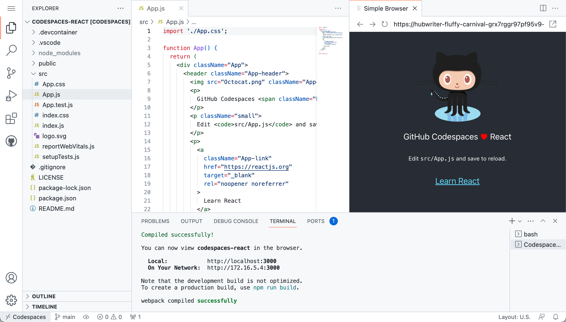 VS Code 的简单浏览器的屏幕截图,其中显示 GitHub 的 React 模板中的 Web 应用程序。