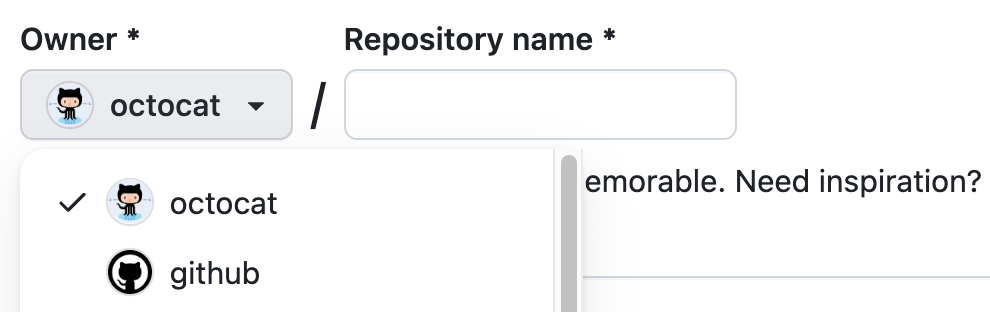 新 GitHub 存储库的所有者菜单的屏幕截图。 菜单显示两个选项:“octocat”和“github”。