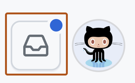 GitHub 标头右角的屏幕截图。 收件箱图标带有一个蓝色点,指示有未读通知。