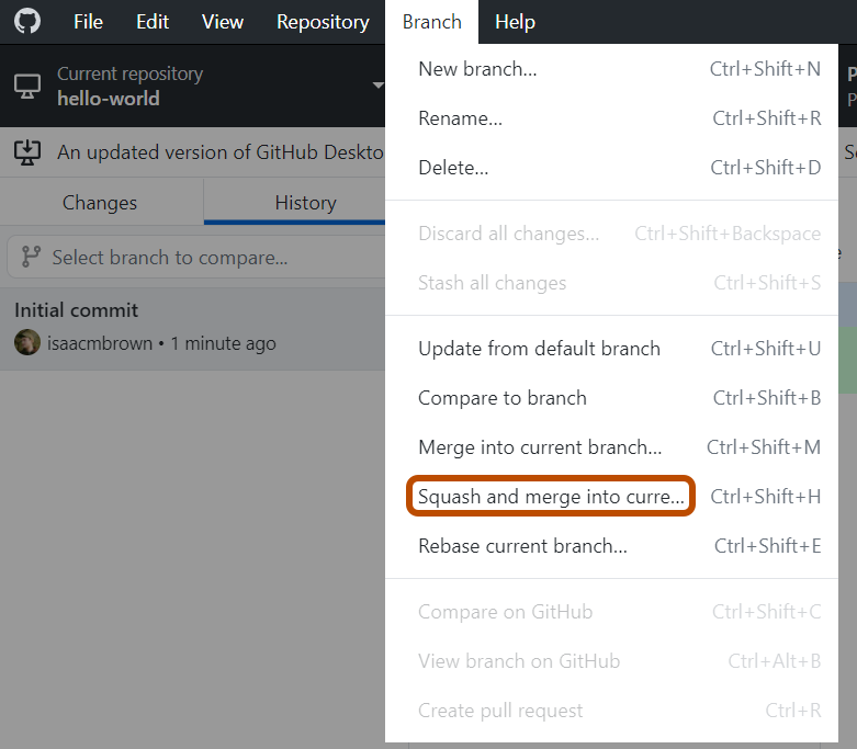 Windows 上的“GitHub Desktop”菜单栏的屏幕截图。 在展开的“分支”下拉菜单中,标有“Squash 合并到当前...”的选项以橙色突出显示。