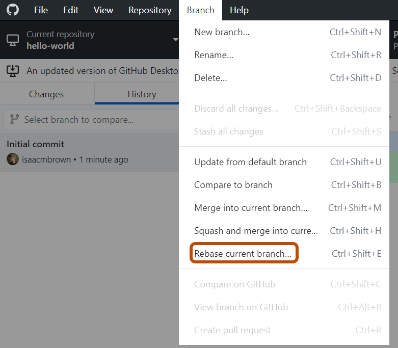 Windows 上的“GitHub Desktop”菜单栏的屏幕截图。 在展开的“分支”下拉菜单中,标有“变基当前分支”的选项以橙色突出显示。