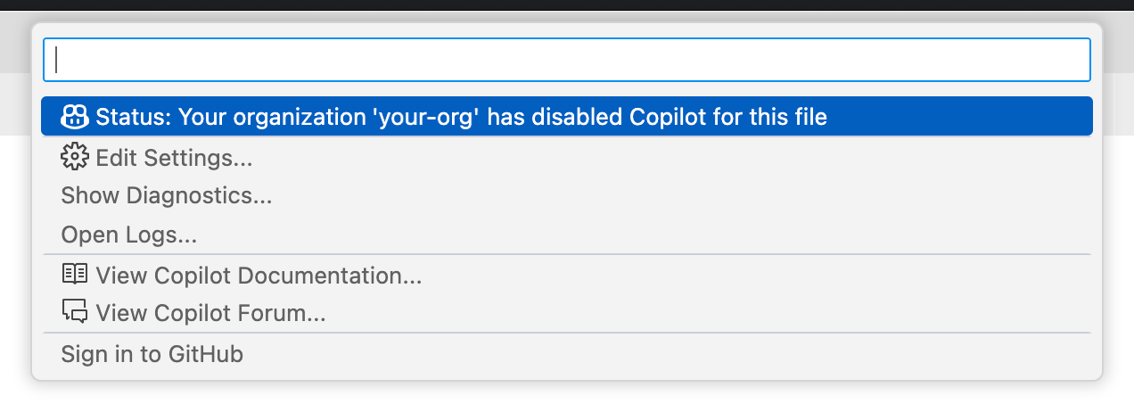 Screenshot of the dropdown menu showing why a file has been excluded from Copilot.