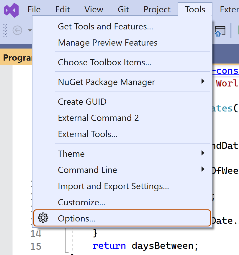 Visual Studio 菜单栏的屏幕截图。 “工具”菜单已展开,“选项”项以橙色边框突出显示。