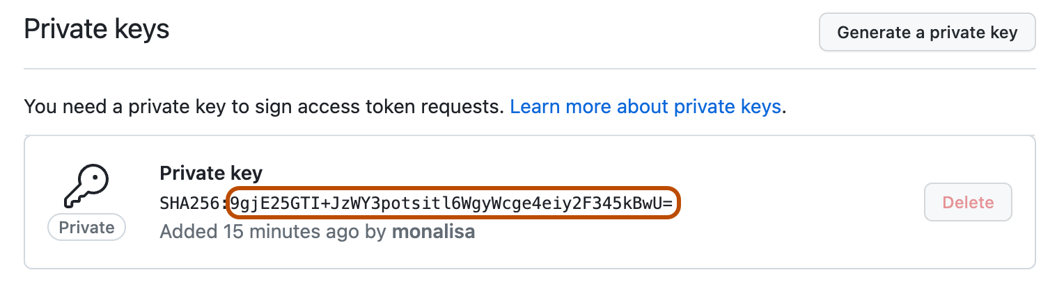 GitHub App 设置页中私钥的屏幕截图。 指纹是冒号后私钥的一部分,用深橙色框出。