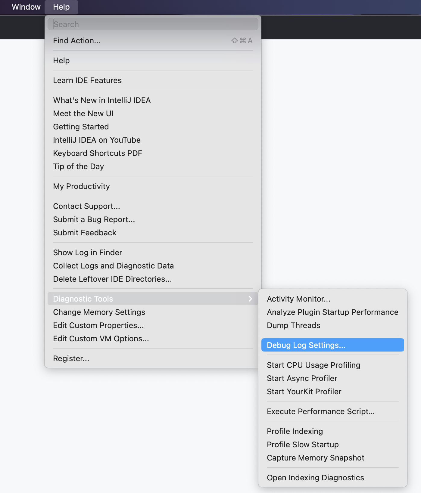 JetBrains IDE 中菜单栏的屏幕截图。 “帮助”菜单和“诊断工具”子菜单已展开,“调试日志设置”选项以蓝色突出显示。