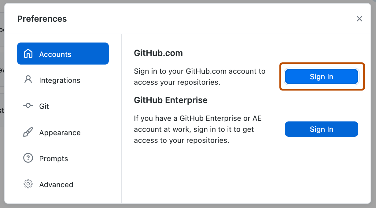 “首选项”窗口中的“帐户”窗格的屏幕截图。 在“GitHub.com”旁边,标有“登录”的按钮显示橙色轮廓。