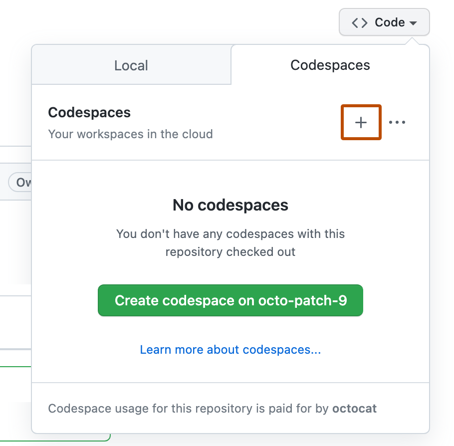 “代码”下拉列表的屏幕截图,其中选择了“Codespaces”选项卡。 将显示消息“无 codespace”。 突出显示了“加号”按钮。