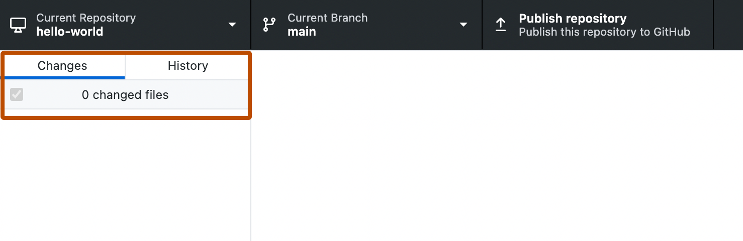 GitHub Desktop 应用的屏幕截图。 左侧边栏用橙色边框突出显示,其中包含标有“更改”和“历史记录”的选项卡。