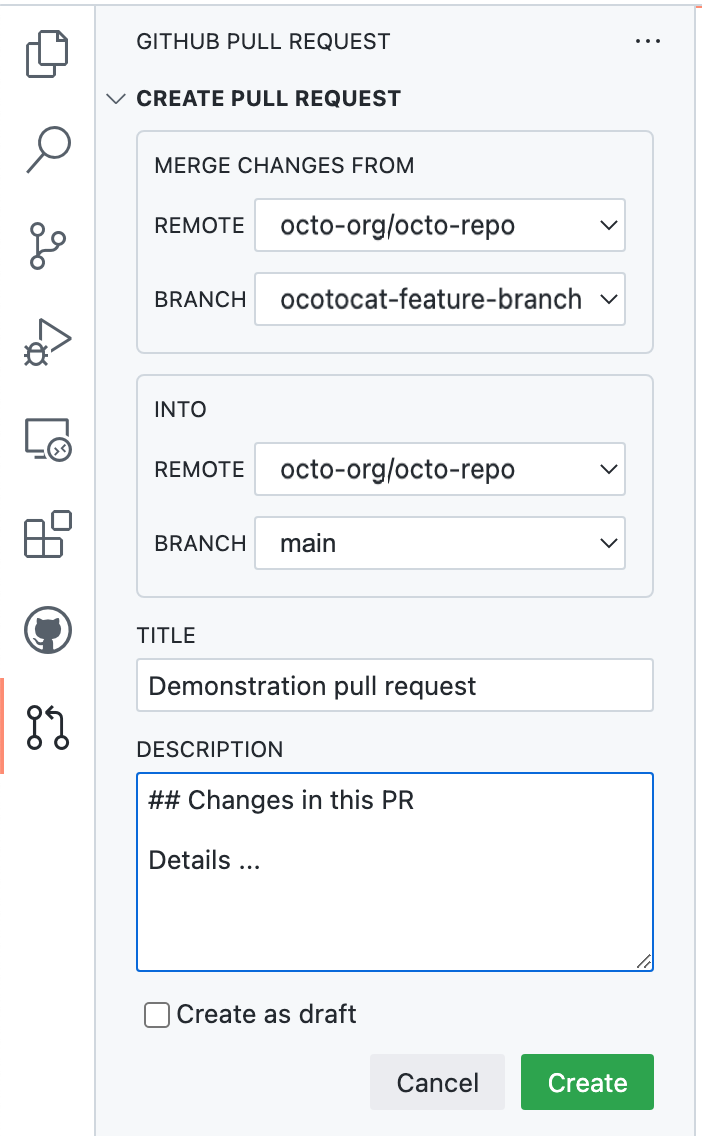 “GitHub 拉取请求”边栏的屏幕截图,其中包含用于创建拉取请求的表单,包括“标题”和“说明”字段。