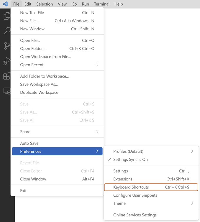 Visual Studio Code 中菜单栏的屏幕截图,其中展开了“文件”菜单。 在“首选项”子菜单中,“键盘快捷方式”选项以橙色边框突出显示。