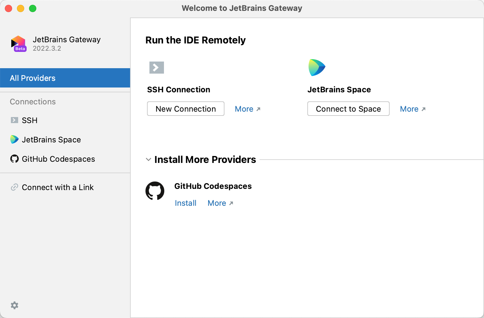 “欢迎使用 JetBrains 网关”页的屏幕截图,其中“安装更多提供程序”下列出了“GitHub Codespaces”。