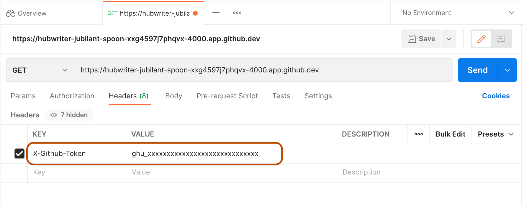 虚拟 GITHUB_TOKEN 的屏幕截图,该值作为 X-GitHub-Token 密钥的值粘贴到 Postman 中。 突出显示了键和值。